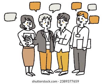 Illustration of a business team working through conversation Comical hand-drawn figures Vector, line drawings in color.