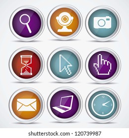 Illustration of business and web icons. Cameras, laptop, mouse, clock. vector illustration
