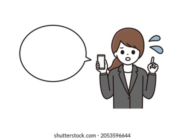 Illustration of a business woman balloon, a woman in a suit who is having trouble explaining with a smartphone