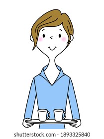 It is an illustration of a business woman carrying coffee.