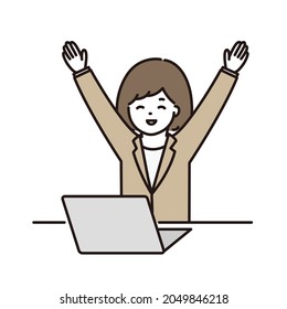 Illustration of a business woman doing a banzai in front of a computer