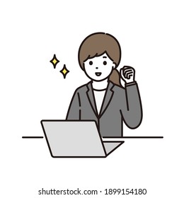 Illustration of a business woman doing a guts pose in front of a computer