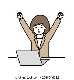 Illustration Of A Business Woman Doing A Guts Pose In Front Of A Computer