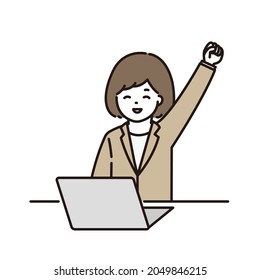 Illustration Of A Business Woman Doing A Guts Pose In Front Of A Computer