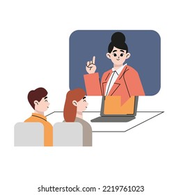 Illustration Of A Business Woman Explaining To A Couple Online. Flat Vector Illustration Isolated On White Background