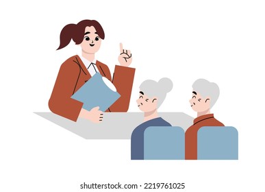 Illustration Of A Business Woman Explaining To A Elderly Couple. Flat Vector Illustration Isolated On White Background