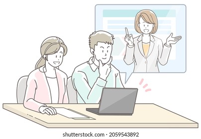 Illustration of a business woman explaining to a young couple online