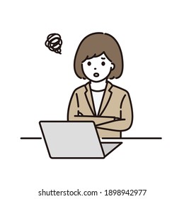 Illustration of a business woman folding her arms in front of a computer