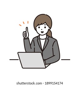 Illustration of a business woman giving a good sign in front of a computer
