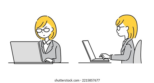 Illustration of a business woman in glasses who operates a personal computer.