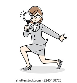 Illustration of a business woman holding a magnifying glass.