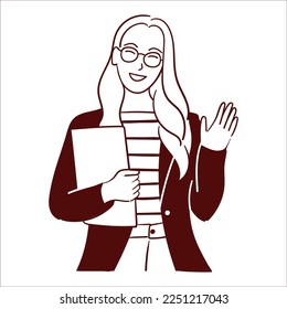 an illustration of business woman holding paper and say hi with smile face