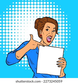 Illustration of a business woman holding a sheet of paper for copy space. Illustration of a woman in business suit showing a piece of paper. Illustration of a woman in retro comic pop art style.