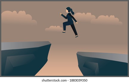 illustration of business woman jumping over the mountain, business woman concept