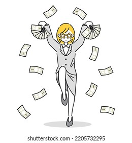 Illustration of a business woman with a lot of money.