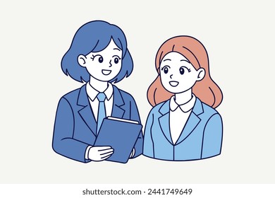An illustration of business woman offering guidance and mentorship to a younger colleague