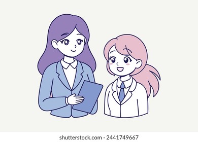 An illustration of business woman offering guidance and mentorship to a younger colleague