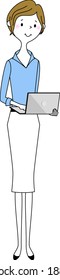 It is an illustration of a business woman operating a laptop computer.