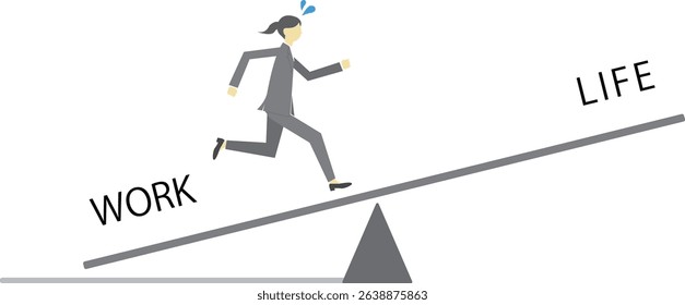 Illustration of a business woman running on a seesaw to achieve work-life balance