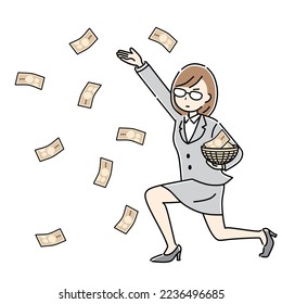 Illustration of a business woman scattering money.