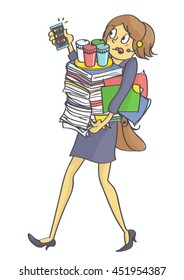 Illustration of business woman, secretary or clerk overloaded with office tasks and work, all in stress. Exhausted, overworked multitasking woman carrying office things.