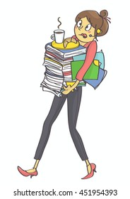 Illustration of business woman, secretary or clerk overloaded with office tasks and work, all in stress. Exhausted, overworked multitasking woman, secretary or a trainee carrying office stuff.