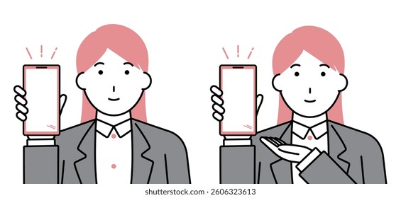 Illustration of a business woman showing a smartphone screen