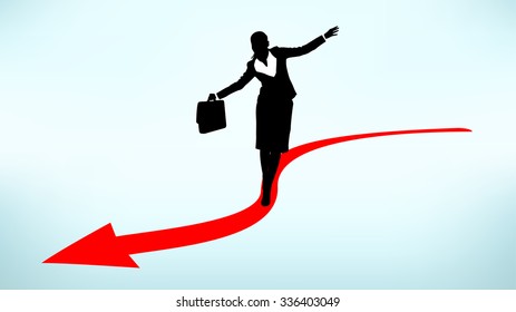 illustration of business woman silhouette walking at arrow