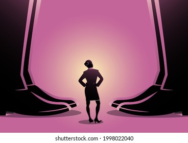 An illustration of a business woman standing between giant men's legs. Authority, gender issue concept