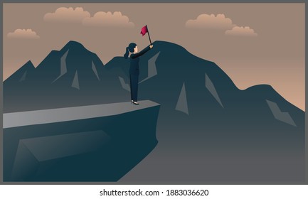 illustration of a business woman standing on a mountain carrying a flag, a business woman concept