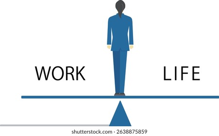 Illustration of a business woman standing on a seesaw, symbolizing work-life balance