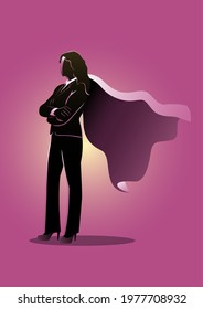 An illustration of business woman stands with her arms crossed in a cloak of superhero