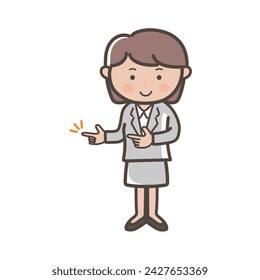 Illustration of a business woman in a suit pointing with both hands