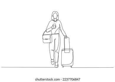 Ilustración de una mujer de negocios con maletas caminando para un viaje de negocios. Arte de línea continua simple
