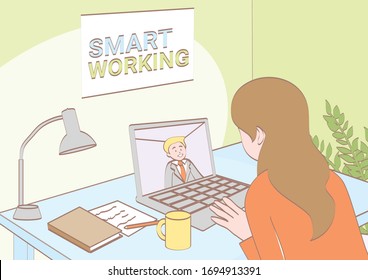 Illustration of business woman talking to her colleague. Video conference. Meeting in video call. Social distances.