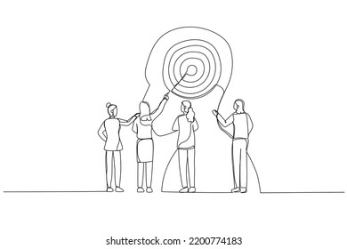 Illustration Of Business Woman Target Customer And Develop Marketing Strategy. Metaphor For Data Analysis. Single Continuous Line Art Style
