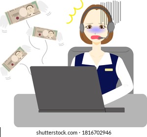 Illustration of a  business woman who spent too much money on internet shopping. kanji symbols meaning "Bank of Japan".