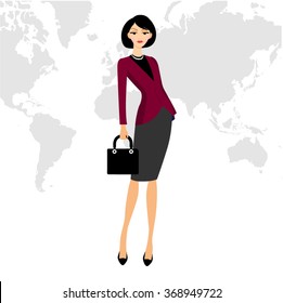 illustration of business woman with world map background