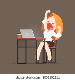 Illustration business woman Yawning at a loft office desk in front of laptop, Overtime and Overwork, Deadline and people concept, Vector Cartoon