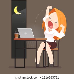 Illustration business woman Yawning at a loft office desk in front of laptop, Overtime and Overwork, Deadline and people concept, Vector Cartoon