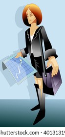 Illustration of business women hands with plan and bag	