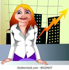 Illustration of business women speech in English with building background	