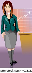 Illustration of business women standing with table and plan picture	