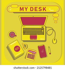 illustration business work desk, workspace simple design flat vector template yellow red silhouette, mobile phone, pencil, calculator, laptop and mouse, ruler, coffee, book, annual report