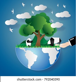 Illustration of business and world.The businessman give panda back to the forest.Panda have a freedom of life.