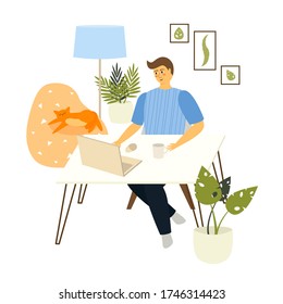 Illustration of a business young man working at home at a table in a laptop. freelancer for remote work. flat style on a white background. vector