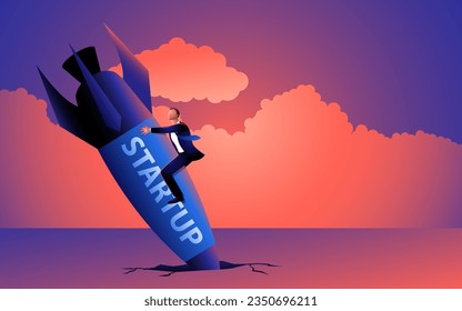 Illustration of a businessman aboard a falling startup rocket. A visual representation of the risks and uncertainties faced in the business world