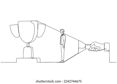 Illustration of businessman aiming big prize from flashlight. Single line art style