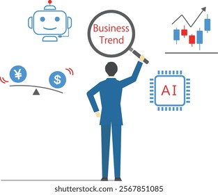 Illustration of businessman analyzing business trends with magnifying glass