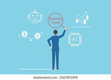 Illustration of businessman analyzing business trends with magnifying glass